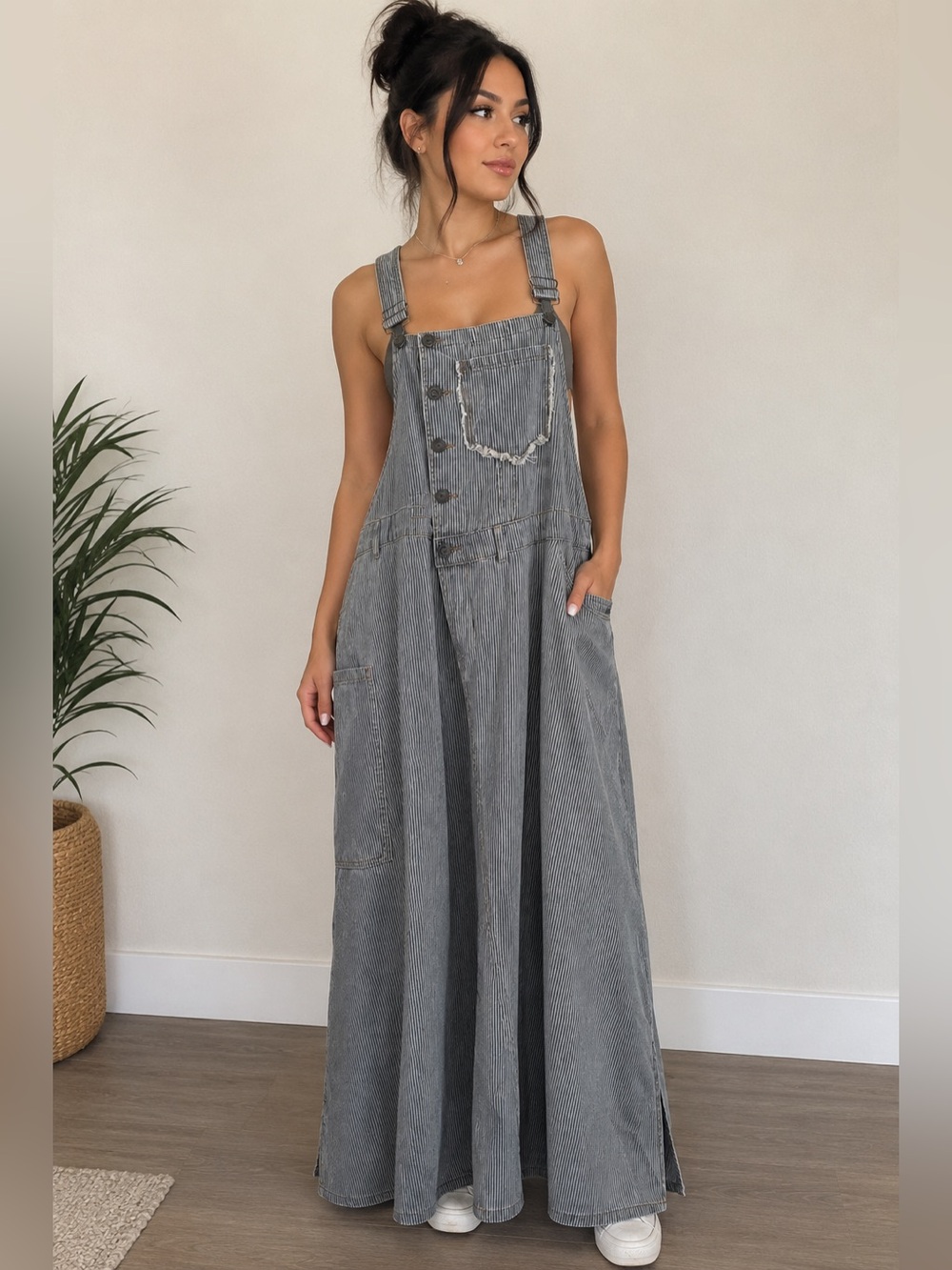 POL Women’s Striped jean Overalls Dress -